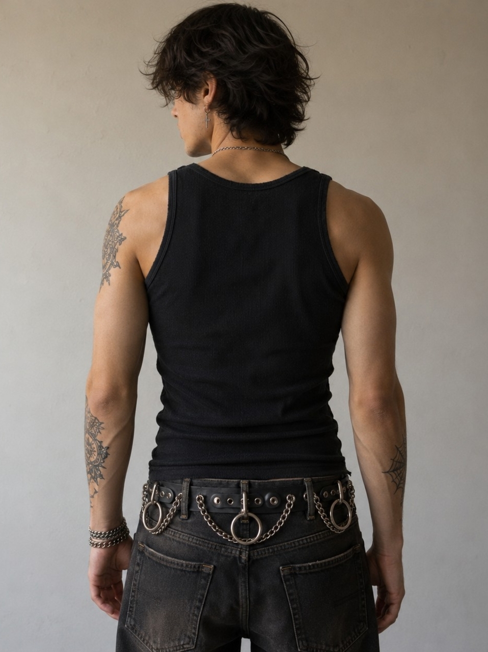 Vintage 80s MANZOOR Black Leather O-Ring Belt Sz L Made in USA Punk Goth Chain